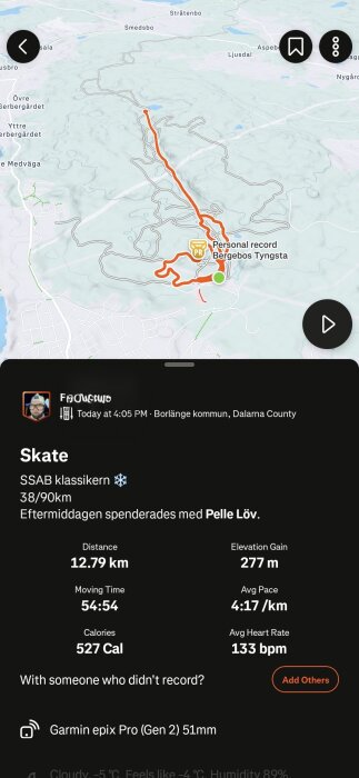 Karta över skridskorutt i Borlänge kommun med statistik: 12,79 km distans, 277 m stigning, 54:54 i tid, 4:17/km tempo.
