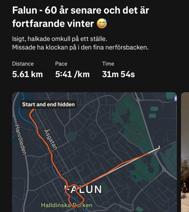 Karta över en löprunda i Falun på 5,61 km som tog 31 minuter och 54 sekunder med en genomsnittlig takt på 5:41 minuter per kilometer.
