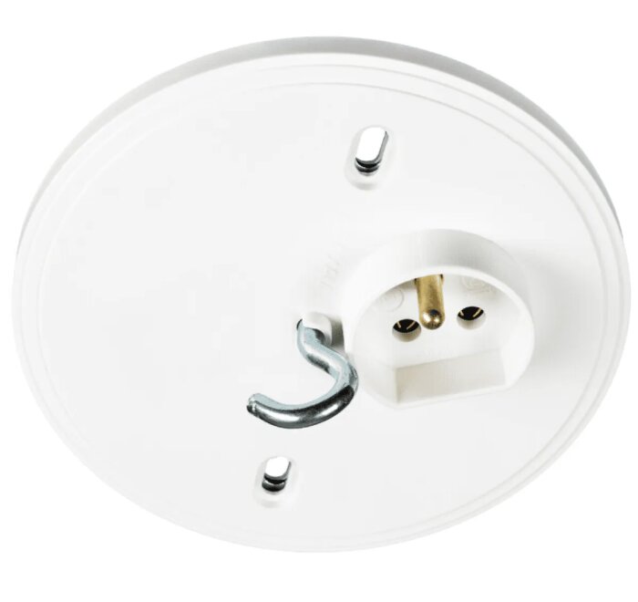 Takrosett med ett lamputtag och en krok för montering av lampa. Krokens placering är något förskjuten från center.