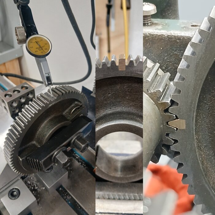 En ihopkopplad bild som visar en kugge på en maskin med en mässingsbit och en mätklocka i bruk.