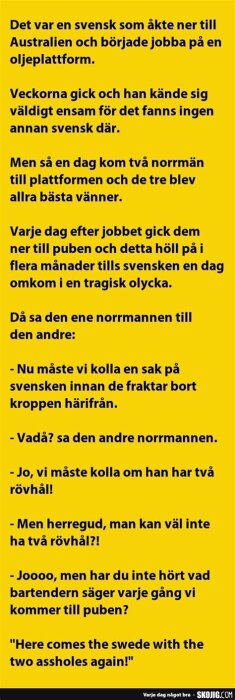 Skämt på gul bakgrund om en svensk på en oljeplattform i Australien, vänskap med norrmän och en bartender som skämtsamt uttrycker sig.