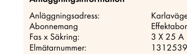 Anläggningsinformation med adress, abonnemang, fas x säkring och elmätarnummer. Adress: Karlavägen. Abonnemangstyp: Effektabonnemang.