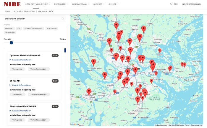 Karta över Nibe-installatörer i Stockholm med röda markeringar och listor över närliggande företag som erbjuder installation av deras produkter.
