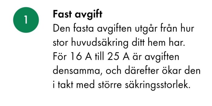 Bild med texten om fast avgift beroende på huvudsäkringens storlek, där 16-25 A har samma avgift, sen ökar den med större säkring.