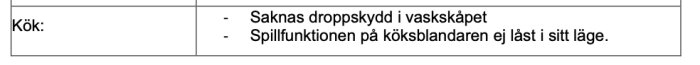 Besiktningsprotokoll som listar brister i köket, inklusive saknat droppskydd i vaskskåpet och problem med köksblandarens spillfunktion.