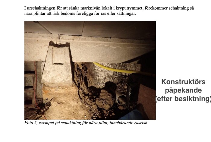 Plint med schaktning nära grunden, med risk för ras eller sättningar i kryputrymme.