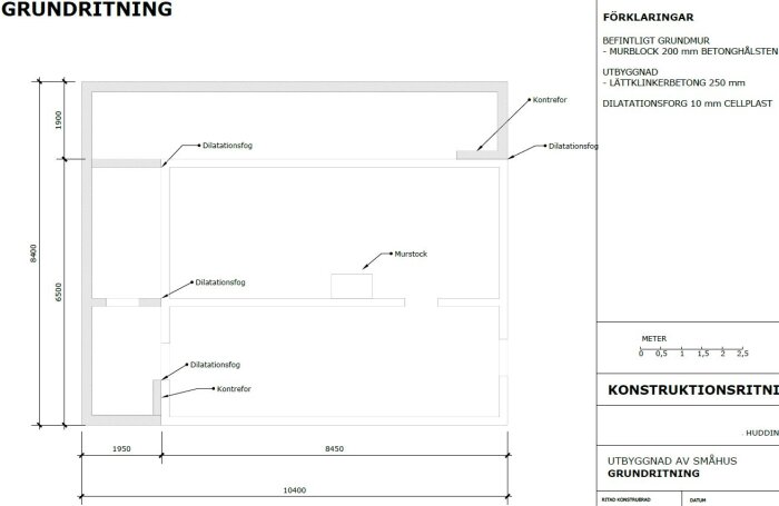 Grundritning av småhus med måttangivelser, dilatationsfog och kontrefor markerade. Förklaring inkluderar material som betong och lättklinkerbetong.