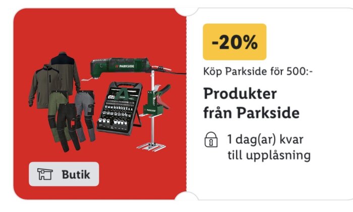 Parkside produkter med 20% rabatt, inklusive verktyg och kläder, på röd bakgrund. Rabatt gäller vid köp över 500 kronor.