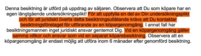Text om besiktningsprotokoll och köparens undersökningsplikt, vissa delar markerade i orange för att betona juridiska aspekter.