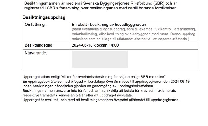 Kontrakt för besiktningsuppdrag med SBR, innehåller detaljer om omfattning, besiktningsdag och -närvaro.