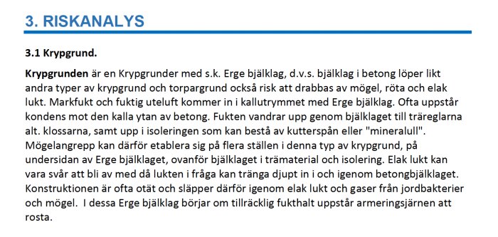 Riskanalys om krypgrund med Erge bjälklag, beskriver risker för mögel och fukt samt påverkan på konstruktionen.