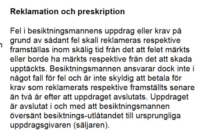 Textavsnitt om reklamation och preskription från ett inspektionskontrakt.