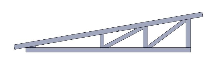Illustration av en pulpettakstol i fackverkskonstruktion med 45x145 reglar, som avsedd för 5 m spännvidd enligt guiden.