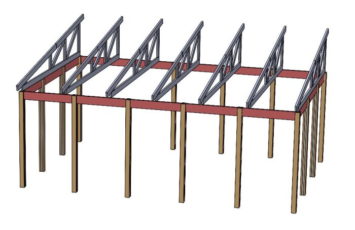 Pulpettakskonstruktion med fackverkstakstolar av 45x145 reglar, visande ramverk och stöd.