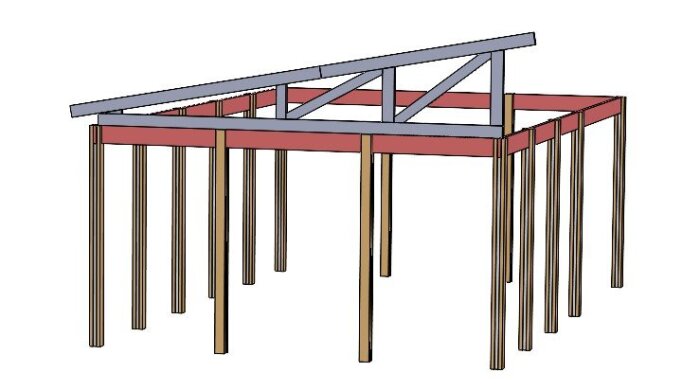 3D-modell av ett pulpettak med fackverkstakstol, byggd med 45x145 timmer, visar takets spännvidd och konstruktion.
