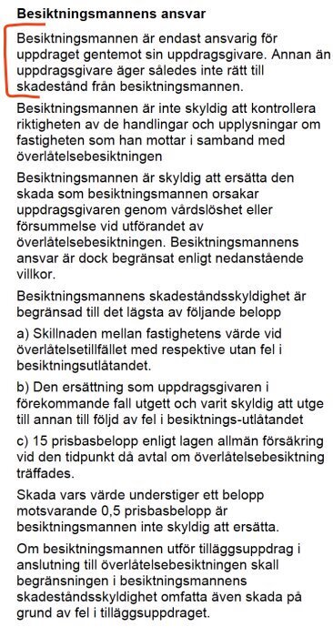 Bild av text som beskriver besiktningsmannens ansvar och begränsningar i deras skadeståndsskyldighet vid överlåtelsebesiktning.