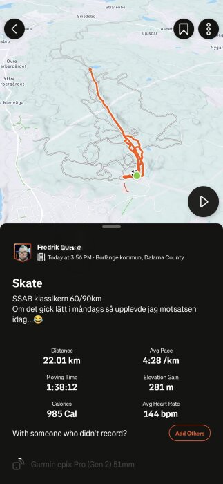 Karta över en skidturssträcka i Borlänge med detaljer om distans, tid, kalorier och puls, genom en app som registrerar träningsdata.