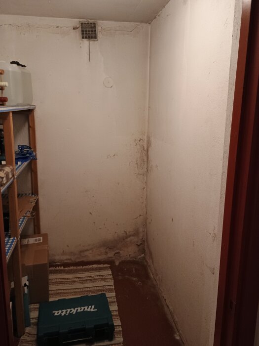 Matkällarens hörn med sliten och fuktig vägg efter tömning, synliga hyllor och låda på golvet.