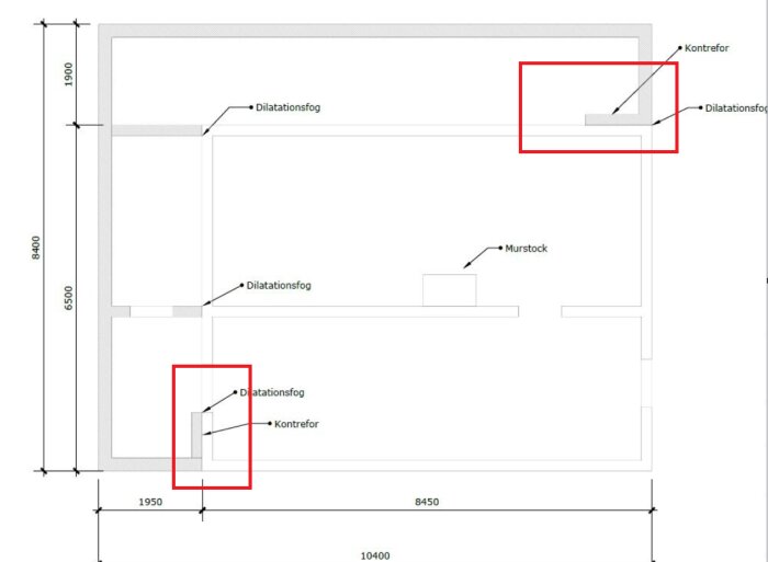 Planritning av källare med markeringar för dilatationsfogar och kontreforer, dimensioner i millimeter.