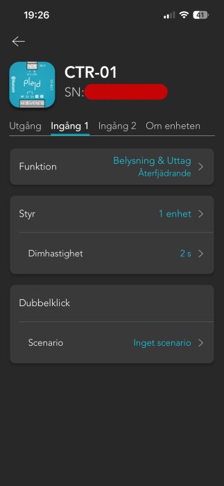 Appens inställningsskärm för CTR-01 med alternativ för ingångar, funktion och dimhastighet.