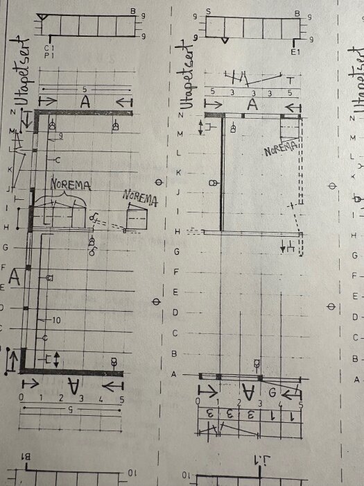 Ritning av ett Moelven hus från 1981, visar planlösning med sektioner och text "Norema". Fråga om vilka innerväggar som är bärande.