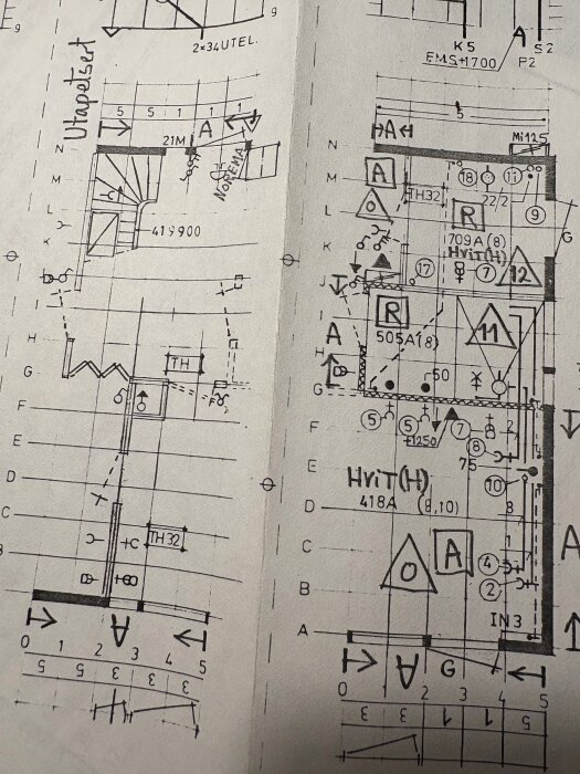 Ritning av Moelven hus från 1981 med sektioner och strukturella detaljer; fokus på bärande innerväggar och planlösning.