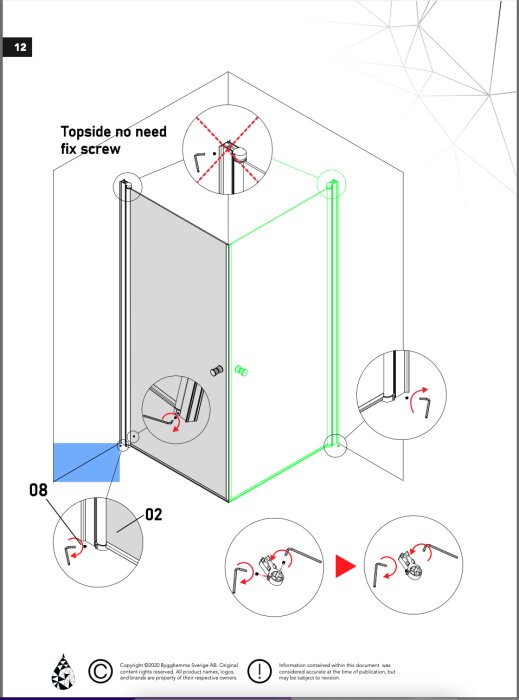 Användarmanual med illustration som visar skruvfixering och vridning av gångjärn, med fokus på "no need fix screw" i ovankanten.