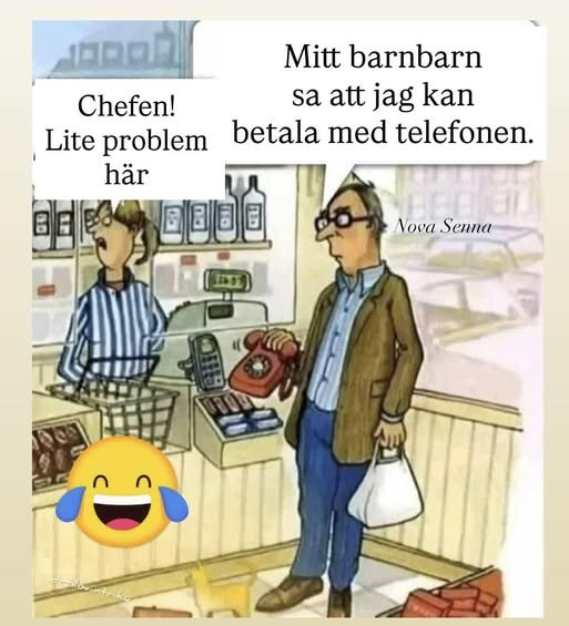 En tecknad man försöker betala i en butik med en gammaldags telefon, medan kassören kallar på hjälp. En emoji med skrattande ansikte finns i bilden.