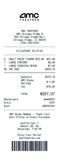 Kvitto från AMC Theatres för 2 biobiljetter, popcorn, läsk och korv. Total summa $287,97 den 1/10/2025. Visningstid 19:30.