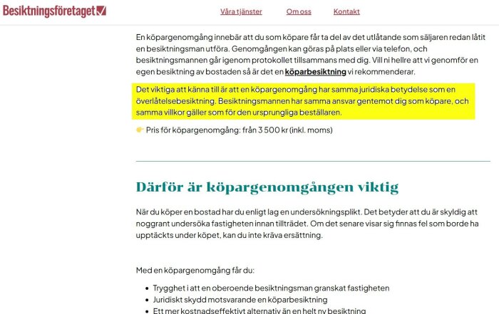 Webbsida med information om köpargenomgång, pris, och juridisk betydelse jämfört med överlåtelsebesiktning för bostadsköp.