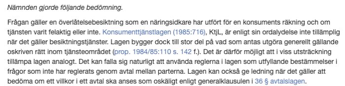 Avsnitt av juridisk text med hänvisningar till Konsumenttjänstlagen och andra lagar, diskuterar tillämpning vid överlåtelsebesiktning och felaktiga tjänster.