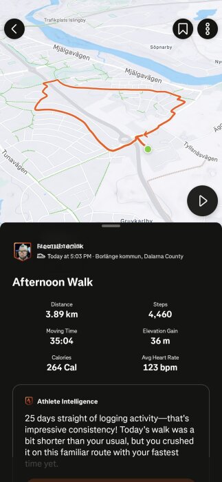 Karta över löprunda i Borlänge kommun med rutt markerad i orange. Distans: 3,89 km, tid: 35:04 min, steg: 4460, genomsnittspuls: 123 bpm.