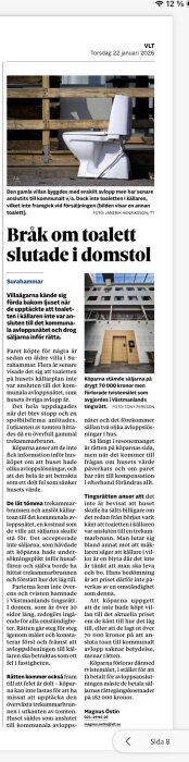 Artikel om rättstvist över en icke-ansluten toalett i en villa. Bild av en vit toalett framför en byggarbetsplats.