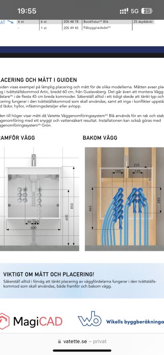 Diagram över installation av rör bakom vägg, visar sex blå skyddsrör med måttangivelser för placering och montering i kommod.