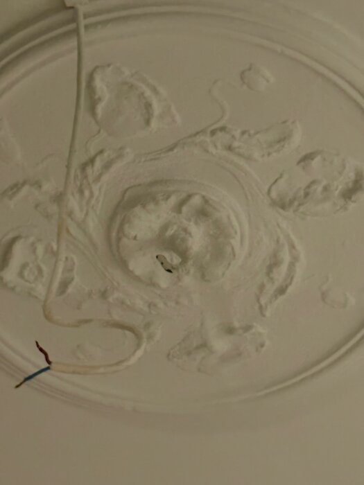 Ornate ceiling rose with exposed wires; user wants to modify a ceiling lamp to hang from the rose hook instead of using the screw mount.