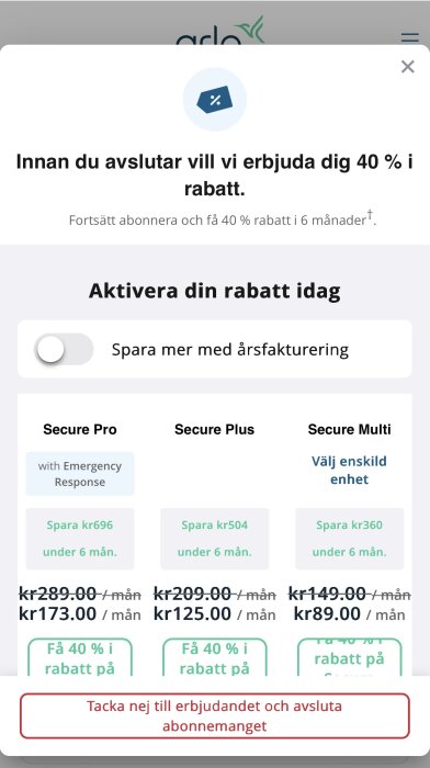 Popup-fönster med rabattinformation för prenumerationer: 40 % rabatt på Secure Pro, Secure Plus, Secure Multi. Val för att aktivera rabatt eller avsluta.