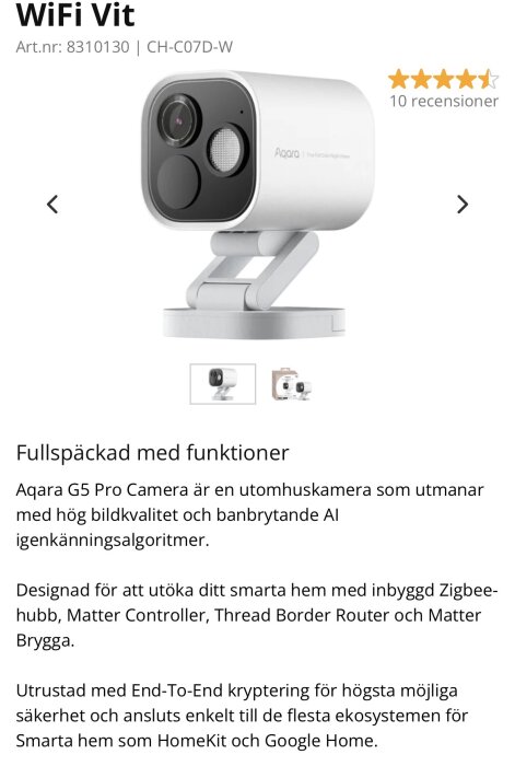 Aqara G5 Pro Camera med vit design och AI-igenkänning, monterad på ett justerbart stativ, visas i produktbild med betyg och beskrivande text.
