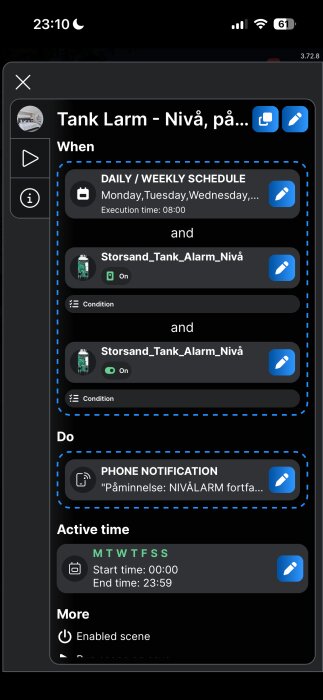 Mobilskärmsbild av tanklarmscen som visar ett schema för veckodagar med starttid 08:00 och påminnelse om NIVÅLARM via telefonnotis.