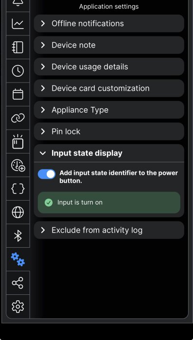 Användargränssnitt för applikationsinställningar med alternativ som "Offline notifications", "Input state display" och andra inställningar.