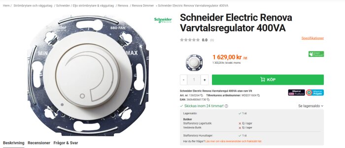 Regulator för varvtalsstyrning av fläkt, Schneider Electric Renova 400VA, med min- och max-inställningar. Finns för köp med angivet pris.
