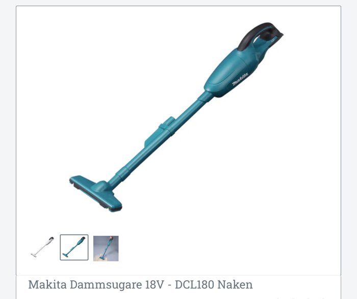 Sladdlös dammsugare, Makita 18V, i blå färg, med ergonomiskt handtag och lång sugdel, avsedd för effektiv rengöring.
