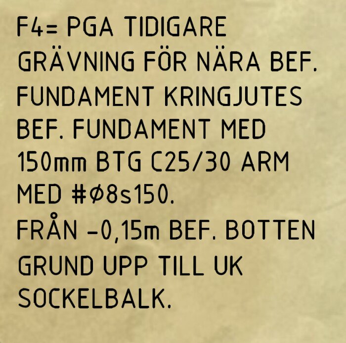 Text som beskriver grävning och gjutning av fundament med betong och armering enligt specifikationer, på en beige bakgrund.