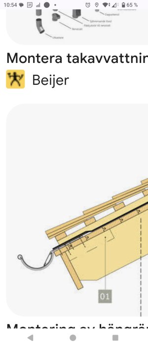 Illustration av takavvattningssystem med krokar monterade på takfoten. Det visar installation av takränna för att hantera kondensvatten.