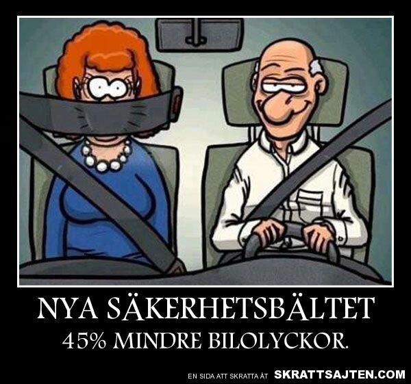 Tecknad bild av en kvinna med ett stort säkerhetsbälte över ansiktet och en man som ler i en bil med texten "45% mindre bilolyckor".