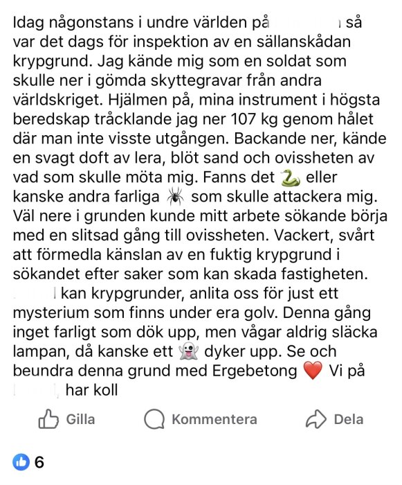 Facebookinlägg beskriver en inspektion av en krypgrund, nämner hjälm, lera, och faror som ormar och spindlar.