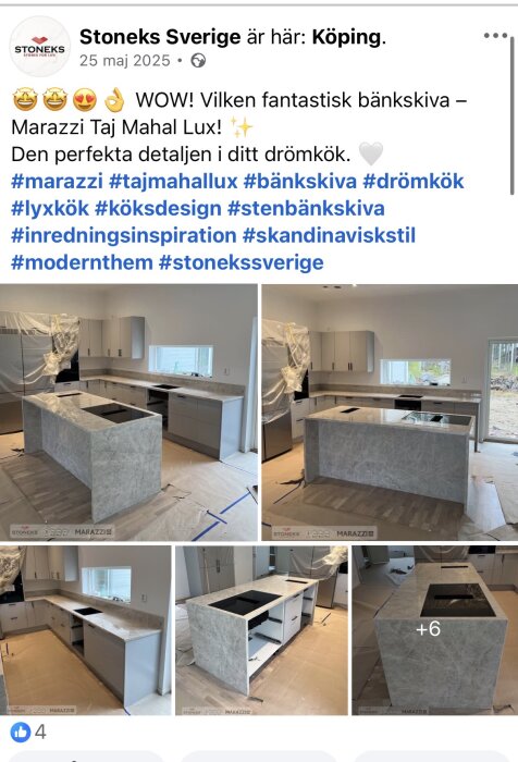 Kök med Marazzi Taj Mahal Lux bänkskiva. Grå köksö och skåp i modern stil i ett ljust rum med träskyddad golvyta.
