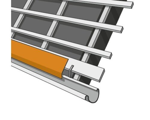 Illustration av takläggning med fotränna och takpannor, inklusive infästning och fotplåt, där den övre fotplåten går ner i hängrännan.