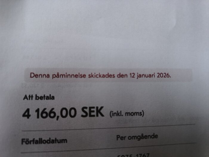 Påminnelse om obetald elräkning på 4 166,00 SEK, daterad 12 januari 2026.