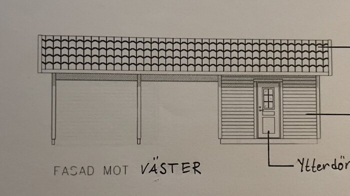 Ritning av carport med förrådsdel, visande fasaden från väst. Tak med tegelliknande mönster och märkta ytterdörrar.