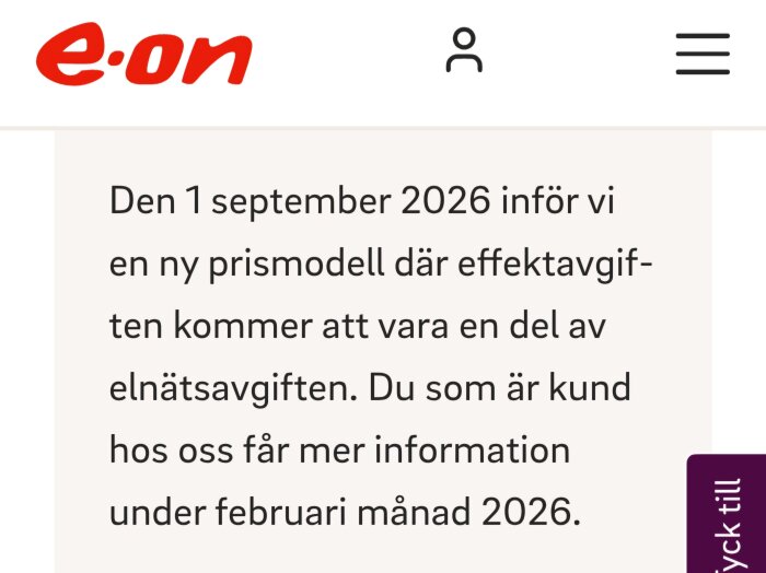 E.ON-meddelande om ny prismodell för elnätsavgift med mer information tillgänglig i februari 2026.
